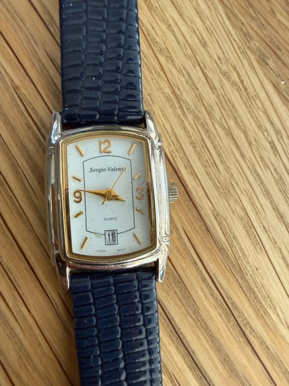 Vintage Sergio Valente Watch, Time & Date. New Battery & Blue Leather Band